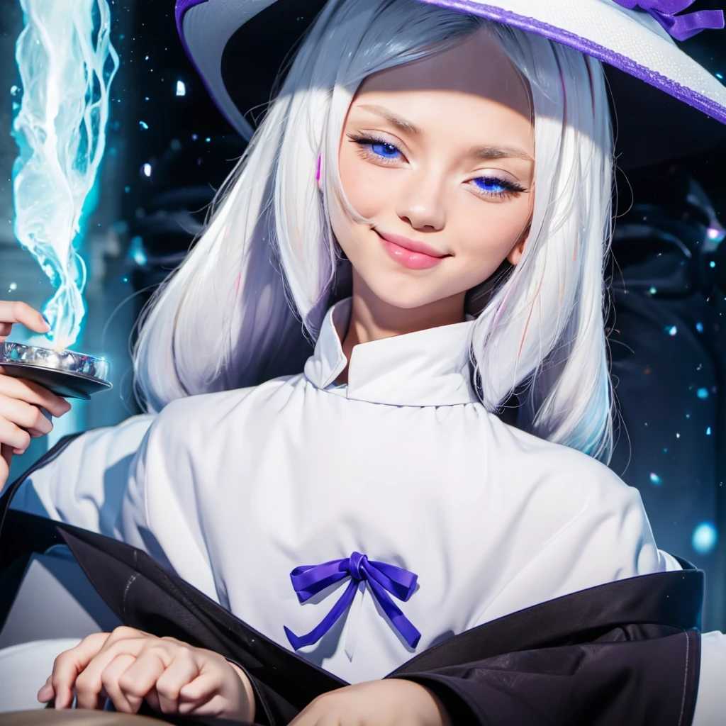 Elena_(Maybe_No_hearing), masterful, masterpiece, 4K,, 1 girl, Female, Beautiful, cup, White hair, Big Magic Hat + black on top and purple on the inside, Blue eyes, White shirt, yellow ribbon, black robe,, kawaii, Looking at the viewer, A slight smile, magical girl, background medieval Europe,