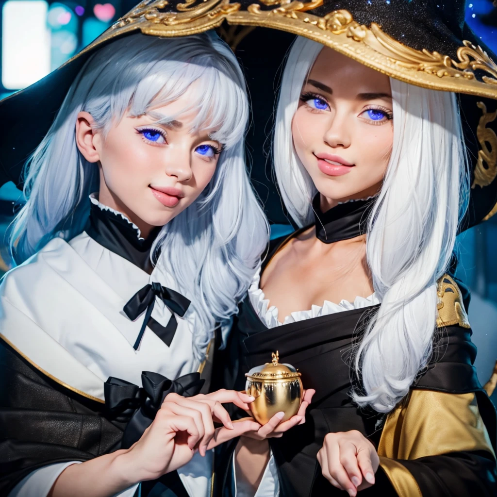 Elena_(Maybe_No_hearing), masterful, masterpiece, 4K,, 1 girl, Female, Beautiful, cup, White hair, Big Magic Hat + black on top and purple on the inside, Blue eyes, White shirt, yellow ribbon, black robe,, kawaii, Looking at the viewer, A slight smile, magical girl, background medieval Europe,