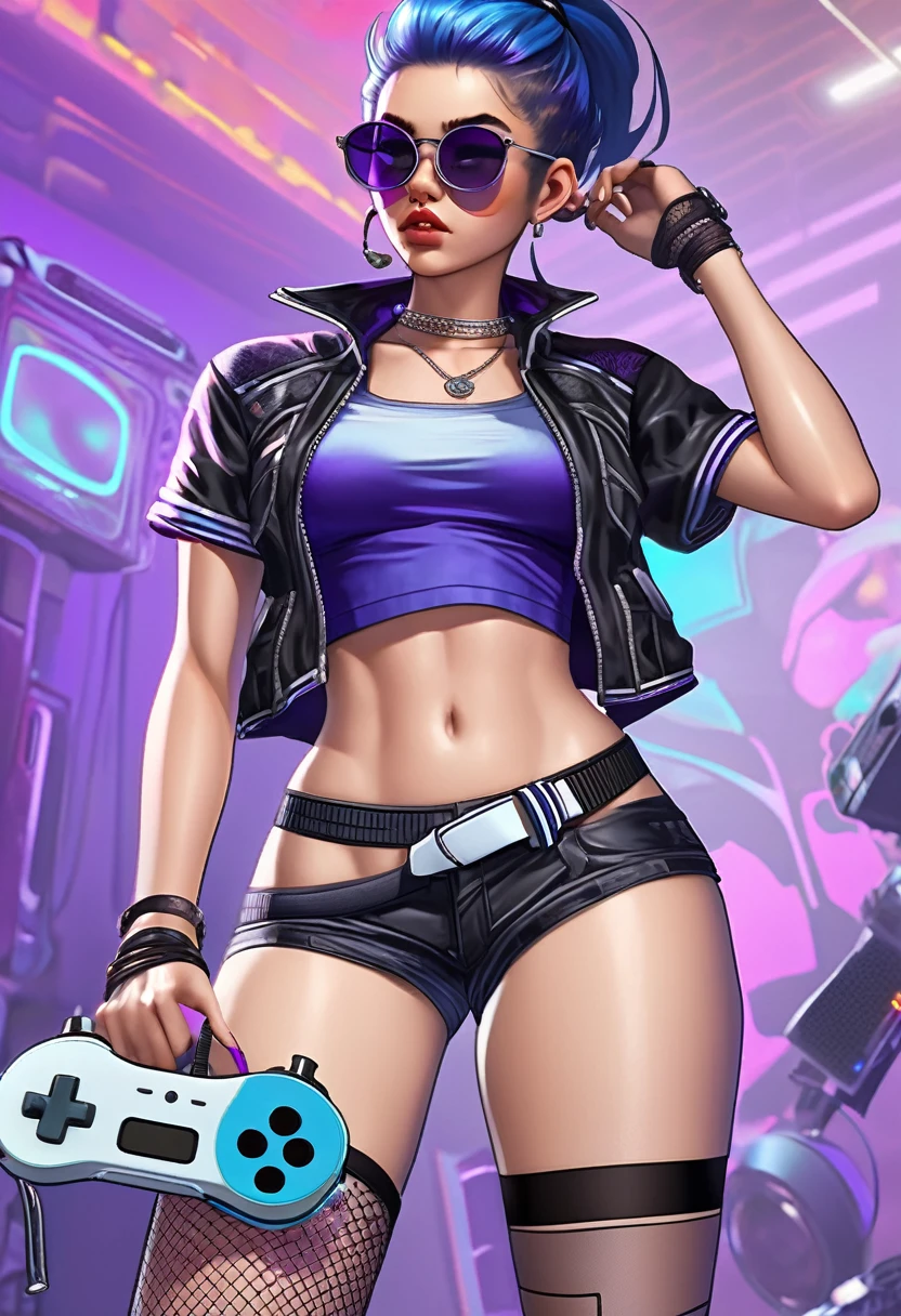 young girl, who wears a short jacket and a crop top, covering her upper body, exposing the navel. She also wears black buttonless shorts with a decorative piece of black and purple fabric, which hangs from the back, and also a white belt, with a gaming console attached to his hip. She has purple sunglasses on her head, , which she ties her hair into a loose ponytail. She also wears a pair of black ones, white and blue shoes, and also a knife, attached to her right leg, and short fishnets on the left calf. Besides, she has blue bandages on her left knee and lower back.