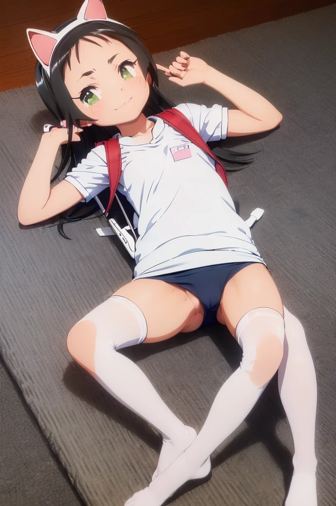 masterpiece, ultra quality, ultra sharp, ultra detailed, 1girl, solo, (((good anatomy))), haduki kurumi, (tattered torn dripping wet white gym shirt), navy gym pants, animal ears, randoseru, name tag, Japanese anime pose, laugh, BurumaShorts, Buruma, Gym Uniform, (((lying:1.4,  spread_legs, legspread, split_legs, spreading legs)), (randoseru backpack:1.4), (smirk smile), buruma, blue buruma, black buruma, (cameltoe), (tattered torn short sleeve white gym uniform with colored hem), (tiny nipples), (white long loose socks), strong lighting, legspread, bukkake, cum on clothes, cum on legs, cum on buruma, cum on bloomers,