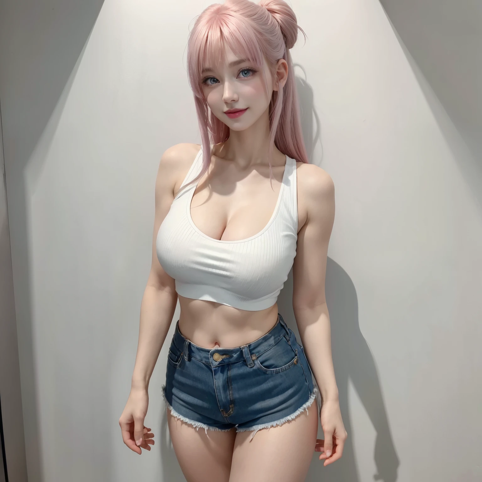 (Best quality, masterpiece, detailed), (RAW, 4k, hd images), 1 girl, , white skin, bright and dazzling pink hair, long bangs between the eyes, hair buns, beatutiful face, perfect face, cute face, glowing pale blue eyes, thin pink lips, lipsticks, detailed features of face design, perfect body, perfect breast, round breast, smile, thigh, legs, indoors, crop tank top, short pants, full body, standing, photo on middle facing camera, white wall background, cleavage