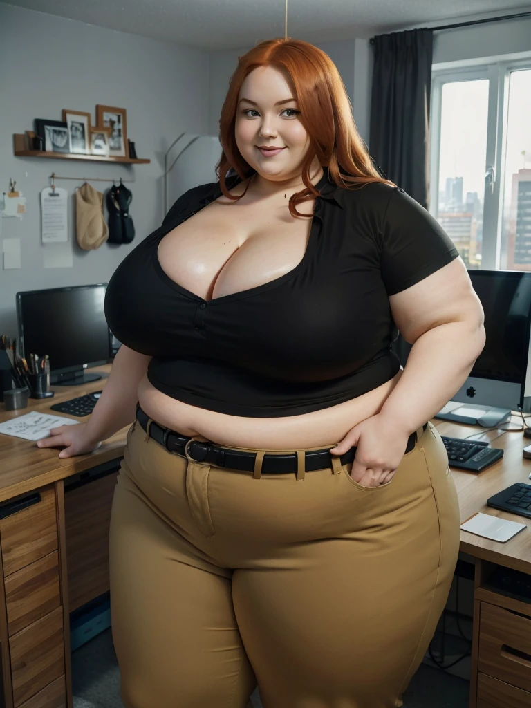 An happy and excited photo of a Beautiful ginger architect SSBBW, with long wavy light Brownish-ginger hair, with big soft fat belly, thicc fat arms, thicc wide legs, big breast, in black pants, long black shirt tucked in her pants, black belt and black blouse in her new modern architect office with a lot of building models and house blueprints