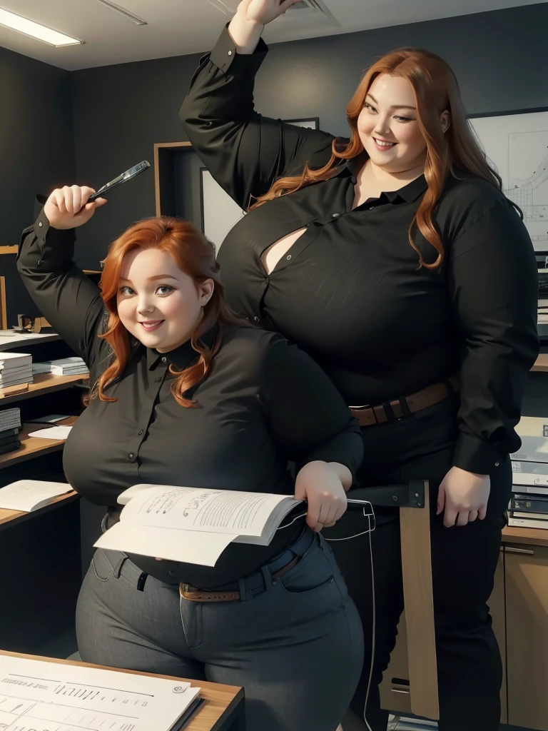 An happy and excited photo of a Beautiful ginger architect SSBBW, with long wavy light Brownish-ginger hair, with big soft fat belly, thicc fat arms, thicc wide legs, big breast, in black pants, long black shirt tucked in her pants, black belt and black blouse in her new modern architect office with a lot of building models and house blueprints