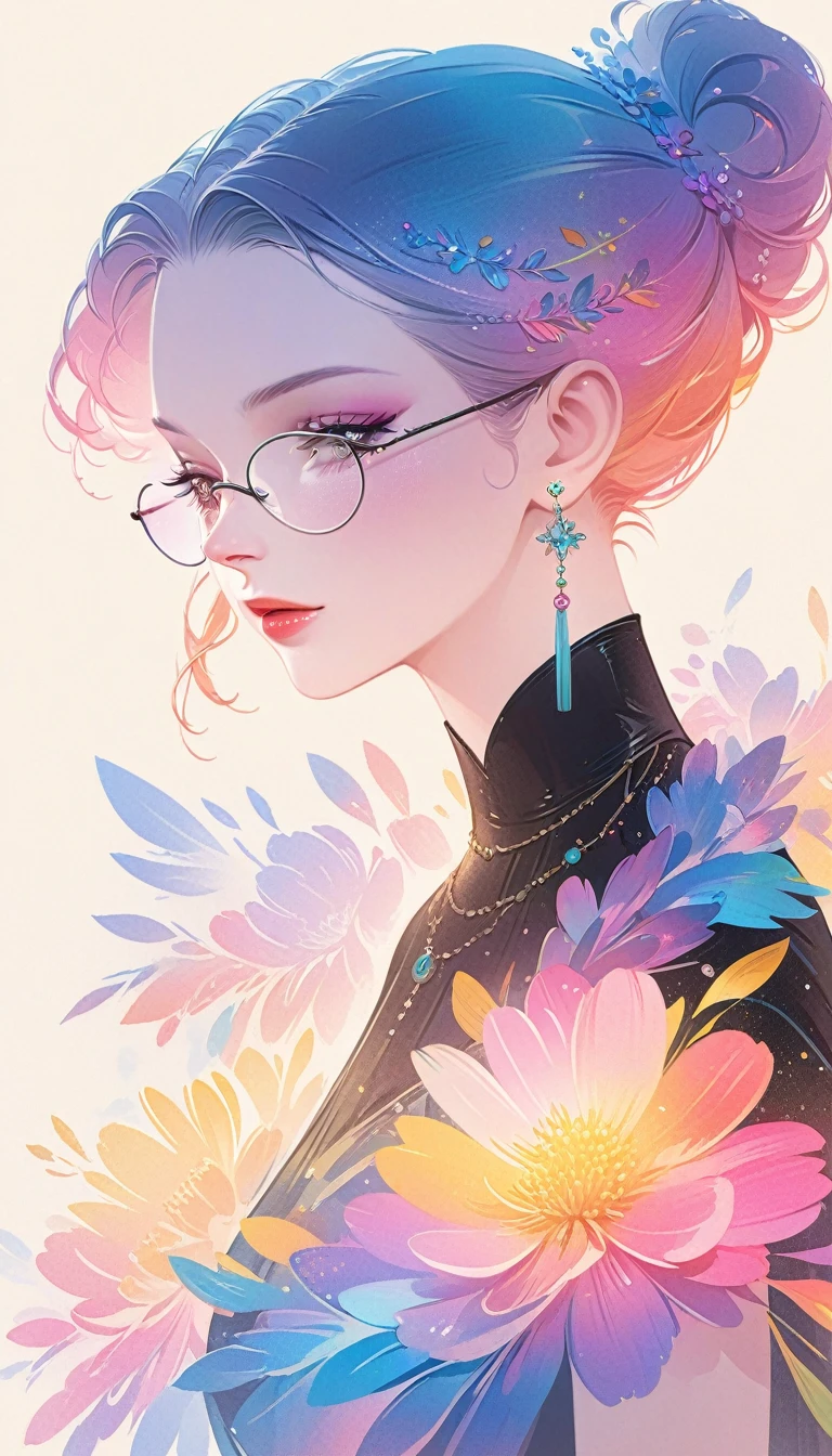 a close up of a woman wearing glasses and a dress, in style of digital illustration, jen bartel, stunning digital illustration, glossy digital painting, beautiful art uhd 4 k, digital art style, exquisite digital illustration, epic portrait illustration, beautiful digital illustration, style digital painting, colorful illustration, vibrant digital painting, colorful digital painting, stunning art style, procreate illustration,abstract art complementary colors fine details