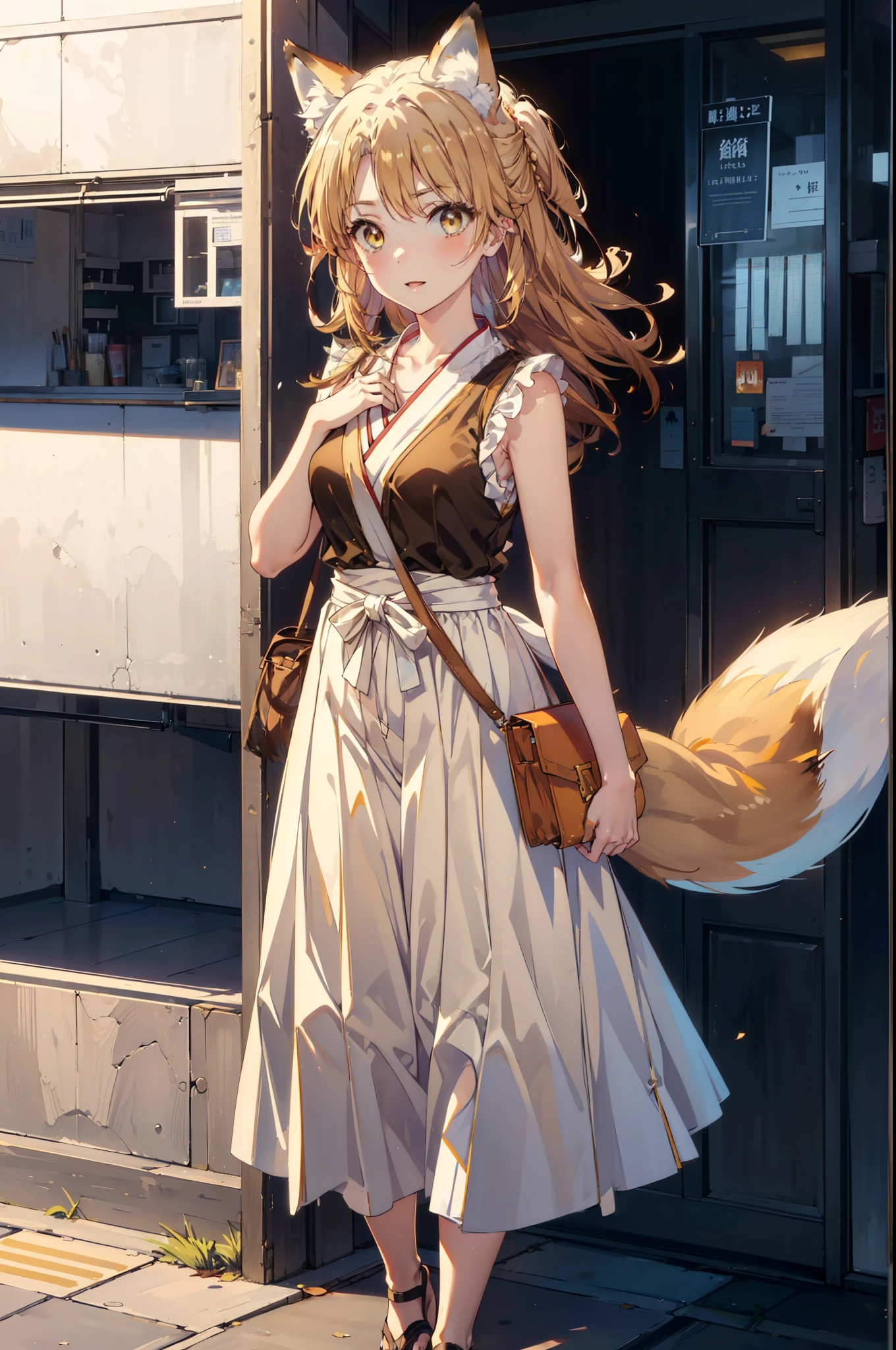 Irohaisshiki, isshiki iroha,Long Hair, Brown Hair, (Brown eyes:1.5), happy smile, smile, Open your mouth,animal(Fox Ears,Fox tail),Yellow sleeveless dress,Yellow long skirt,Cute Sandals,Carry bag,background(ferry),My hair is blowing in the wind,Holding her hair with her right hand,whole bodyがイラストに入るように,Are standing,
break outdoors, port,
break looking at viewer,whole body,
break (masterpiece:1.2), Highest quality, High resolution, unity 8k wallpaper, (shape:0.8), (Beautiful and beautiful eyes:1.6), Highly detailed face, Perfect lighting, Highly detailed CG, (Perfect hands, Perfect Anatomy),