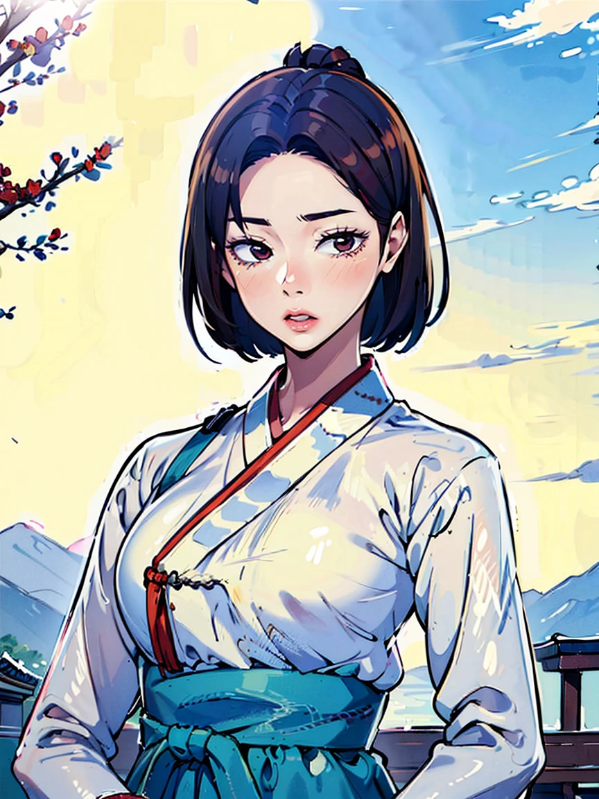 (masterpiece), (top quality), (beautiful and aesthetic), (1 woman), (1930s Korean woman), resembles Korean idol, highly detailed, A little exposure, traditional hanbok, upper body, portrait.