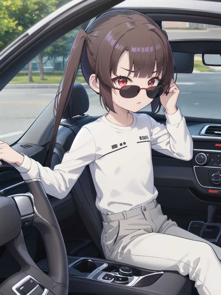 In the car,Convertible,Sitting,((Behind the wheel of a car)),Looking Ahead,driving,1 Girl, 独奏, Red eyes,Wearing black sunglasses, Twin tails, brown hair,crawling,((顔 focus)),upper body,White long sleeve shirt,Grey slacks, bangs, eyebrows visible through hair, Flat Chest, 