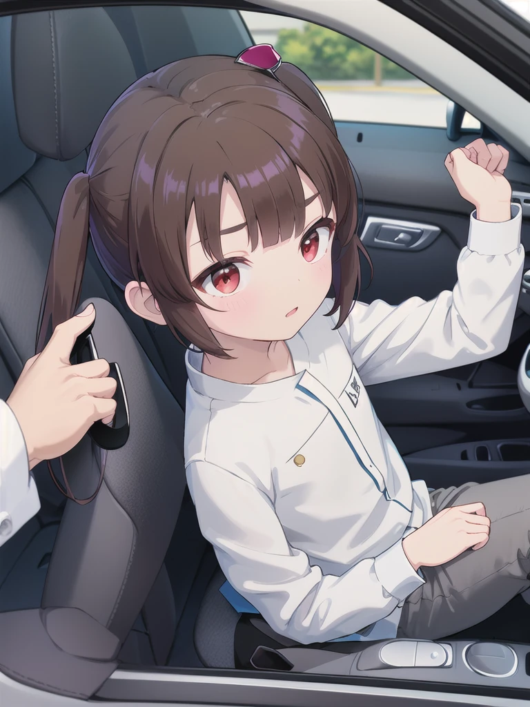 In the car,Convertible,Sitting,((Behind the wheel of a car)),Looking Ahead,driving,1 Girl, 独奏, Red eyes,Wearing black sunglasses, Twin tails, brown hair,crawling,((顔 focus)),upper body,White long sleeve shirt,Grey slacks, bangs, eyebrows visible through hair, Flat Chest,