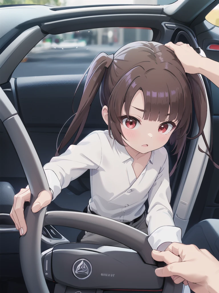 In the car,Convertible,Sitting,((Behind the wheel of a car)),Looking Ahead,driving,1 Girl, 独奏, Red eyes,Wearing black sunglasses, Twin tails, brown hair,crawling,((顔 focus)),upper body,White long sleeve shirt,Grey slacks, bangs, eyebrows visible through hair, Flat Chest, 