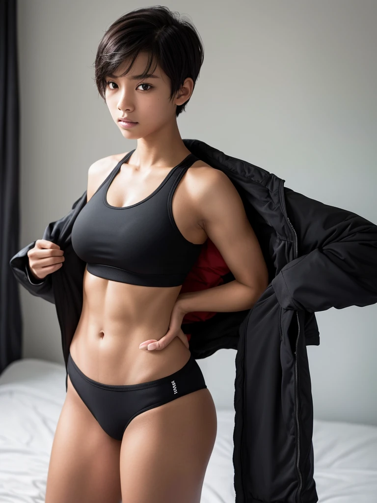 Black female, solo, short hair, big tits, abs, , black sports bra, black thong, black jacket
