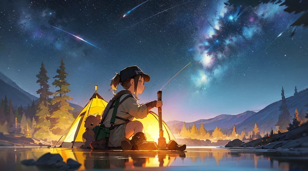 masterpiece, best quality, ultra-detailed, illustration, 1girl, short girl, young girl, beautiful, solo, looking away, outdoors, camping, night, mountains, nature, stars, moon, tent, twin ponytails, green eyes, cheerful, happy, backpack, sleeping bag, camping stove, water bottle, mountain boots, gloves, sweater, hat, flashlight, forest, rocks, river, wood, smoke, shadows, contrast, clear sky, constellations, Milky Way, peaceful, serene, quiet, tranquil, remote, secluded, adventurous, exploration, escape, independence, survival, resourcefulness, challenge, perseverance, stamina, endurance, observation, intuition, adaptability, creativity, imagination, artistry, inspiration, beauty, awe, wonder, gratitude, appreciation, relaxation, enjoyment, rejuvenation, mindfulness, awareness, connection, harmony, balance, texture, detail, realism, depth, perspective, composition, color, light, shadow, reflection, refraction, tone, contrast, foreground, middle ground, background, naturalistic, figurative, representational, impressionistic, expressionistic, abstract, innovative, experimental, unique, depth of field, bokeh