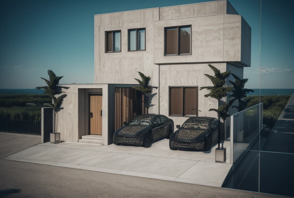 photorealistic, modern house,facade,modern,512k,high detailed, photoreal, award winning, large glass window on the right side, grass, plants, trees, sunny day, render (( travertine stone façade)) two cars in porch, wooden door entrance, steps marble, insanely detailed octane render,
award winning, extremely detailed,