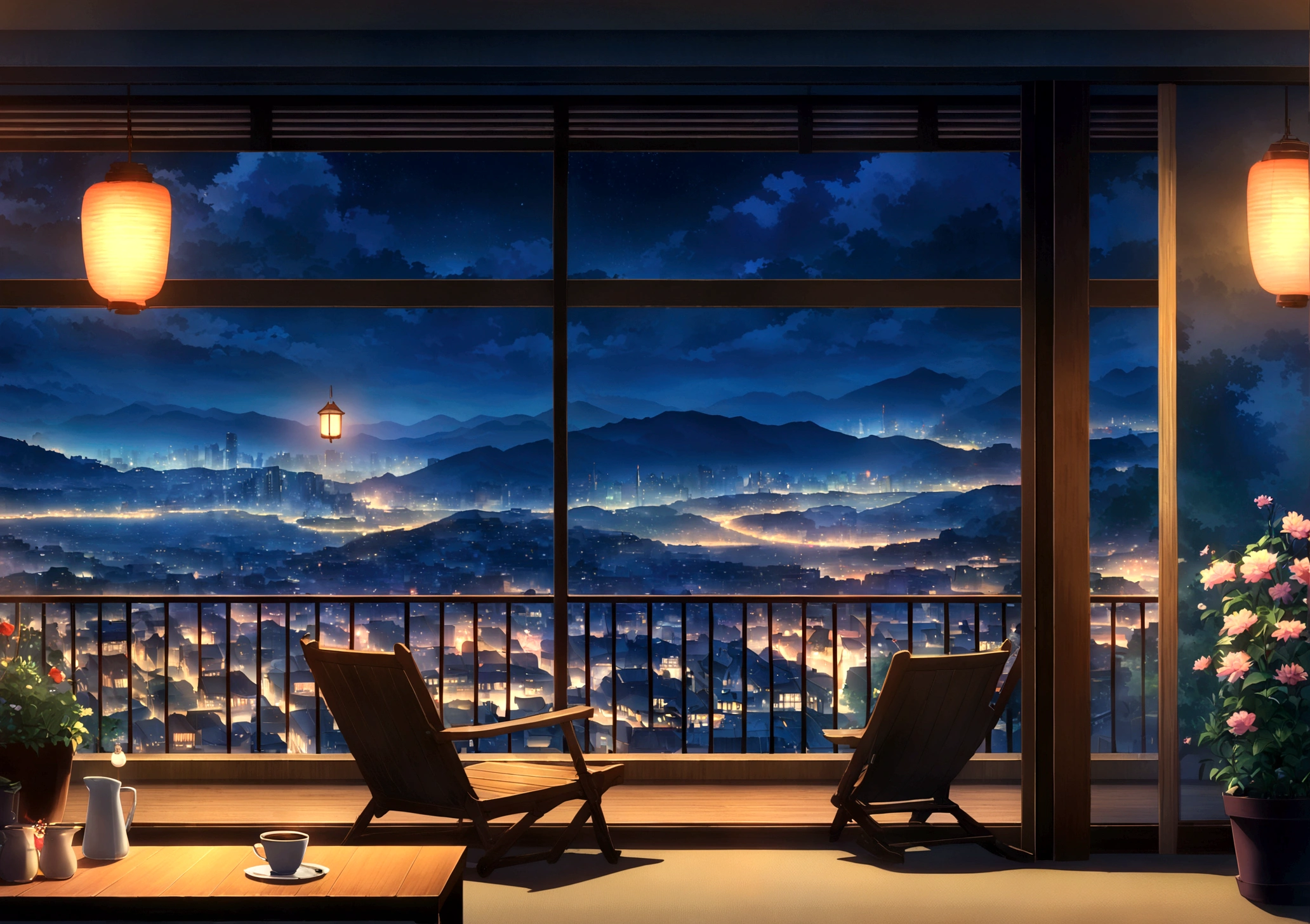 Balcony with table and chairs and distant city view, Beautiful Anime scene, Beautiful cityscape, Anime Background art, beautiful Anime Scenery, Awesome Wallpapers, Anime Scenery, Anime Background, Balcony scene, Landscape painting, Night view, Beautiful Wallpapers, anime beautiful peace , Anime movie background, HD anime cityscape, Urban Background, Beautiful Anime, Highest quality, no one can see, at night, it's raining, Raindrops, Flower pots and plants on the balcony, Lantern on the table。I can see the flames inside。, A comfortable balance, Overlooking the Japanese city,chill,coffee information