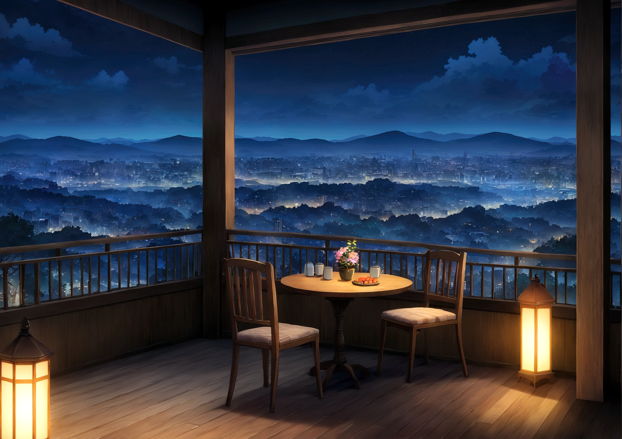 Balcony with table and chairs and distant city view, Beautiful Anime scene, Beautiful cityscape, Anime Background art, beautiful Anime Scenery, Awesome Wallpapers, Anime Scenery, Anime Background, Balcony scene, Landscape painting, Night view, Beautiful Wallpapers, anime beautiful peace , Anime movie background, HD anime cityscape, Urban Background, Beautiful Anime, Highest quality, no one can see, at night, it's raining, Raindrops, Flower pots and plants on the balcony, Lantern on the table。I can see the flames inside。, A comfortable balance, Overlooking the Japanese city,chill,coffee information