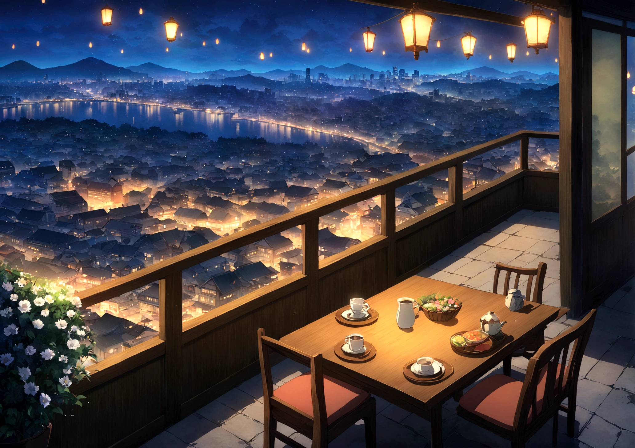 Balcony with table and chairs and distant city view, Beautiful Anime scene, Beautiful cityscape, Anime Background art, beautiful Anime Scenery, Awesome Wallpapers, Anime Scenery, Anime Background, Balcony scene, Landscape painting, Night view, Beautiful Wallpapers, anime beautiful peace , Anime movie background, HD anime cityscape, Urban Background, Beautiful Anime, Highest quality, no one can see, at night, it's raining, Raindrops, Flower pots and plants on the balcony, Lantern on the table。I can see the flames inside。, A comfortable balance, Overlooking the Japanese city,chill,coffee information
