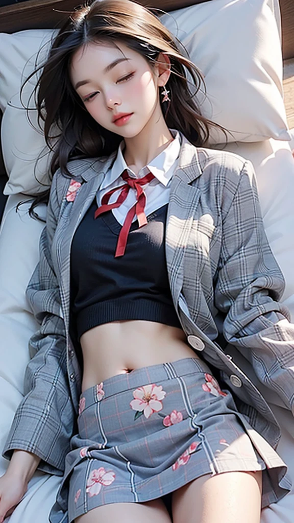 8K、RAW Photos、Highest quality、Super detailed、Super Resolution、Ultra HD、8K壁紙、Amazing details blazer uniform girl ((White blouse with formal collar, Blue Blazer, 
Red Check Skirt, Red checkered ribbon on blouse)), Complete limbs, Full Finger, 
((A woman is sleeping with her eyes closed))、((Sexy floral underwear))、Brown Hair、White skin