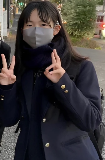 woman Wear a maskする and scarf making a peace sign while walking down the street, 人差しWith your fingers, giving the Middle finger, Middle finger, Wear a mask, Chiho, peace sign, With your fingers, , I can't see my hands, Wear a maskする, seifuku, Ah ah, Forepaws to perform V gestures