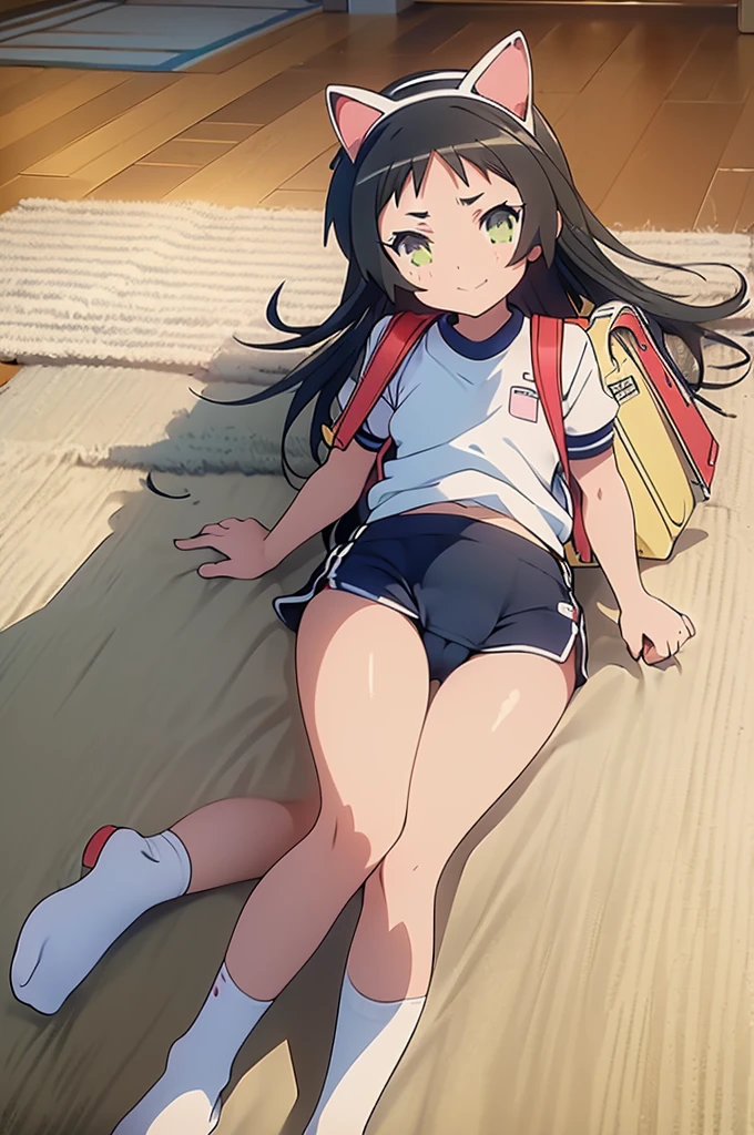 masterpiece, ultra quality, ultra sharp, ultra detailed, 1girl, solo, (((good anatomy))), haduki kurumi, (tattered torn dripping wet white gym shirt), navy gym pants, animal ears, randoseru, name tag, Japanese anime pose, laugh, BurumaShorts, Buruma, Gym Uniform, (((lying:1.4,  spread_legs, legspread, split_legs, spreading legs)), (randoseru backpack:1.4), (smirk smile), buruma, blue buruma, black buruma, (cameltoe), (tattered torn short sleeve white gym uniform with colored hem), (tiny nipples), (white long loose socks), strong lighting, legspread, bukkake, cum on clothes, cum on legs, cum on buruma, cum on bloomers,