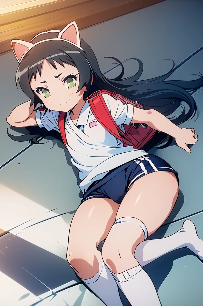 masterpiece, ultra quality, ultra sharp, ultra detailed, 1girl, solo, (((good anatomy))), haduki kurumi, (tattered torn dripping wet white gym shirt), navy gym pants, animal ears, randoseru, name tag, Japanese anime pose, laugh, BurumaShorts, Buruma, Gym Uniform, (((lying:1.4,  spread_legs, legspread, split_legs, spreading legs)), (randoseru backpack:1.4), (smirk smile), buruma, blue buruma, black buruma, (cameltoe), (tattered torn short sleeve white gym uniform with colored hem), (tiny nipples), (white long loose socks), strong lighting, legspread, bukkake, cum on clothes, cum on legs, cum on buruma, cum on bloomers,