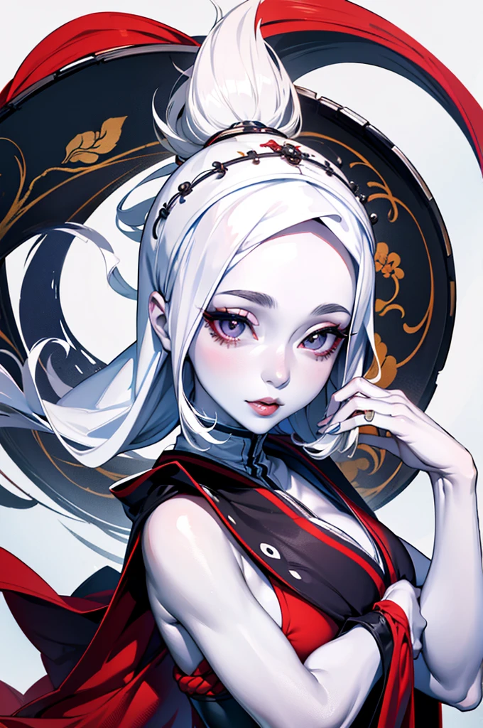 anime character dressed in white with red and blue eyes, white ghosts, best anime 4k konachan wallpaper, artwork in the style of guweiz, guweiz, perfect android girl, pale young ghost girl, guweiz on pixiv artstation, guweiz on artstation pixiv, anime visual of a cute girl