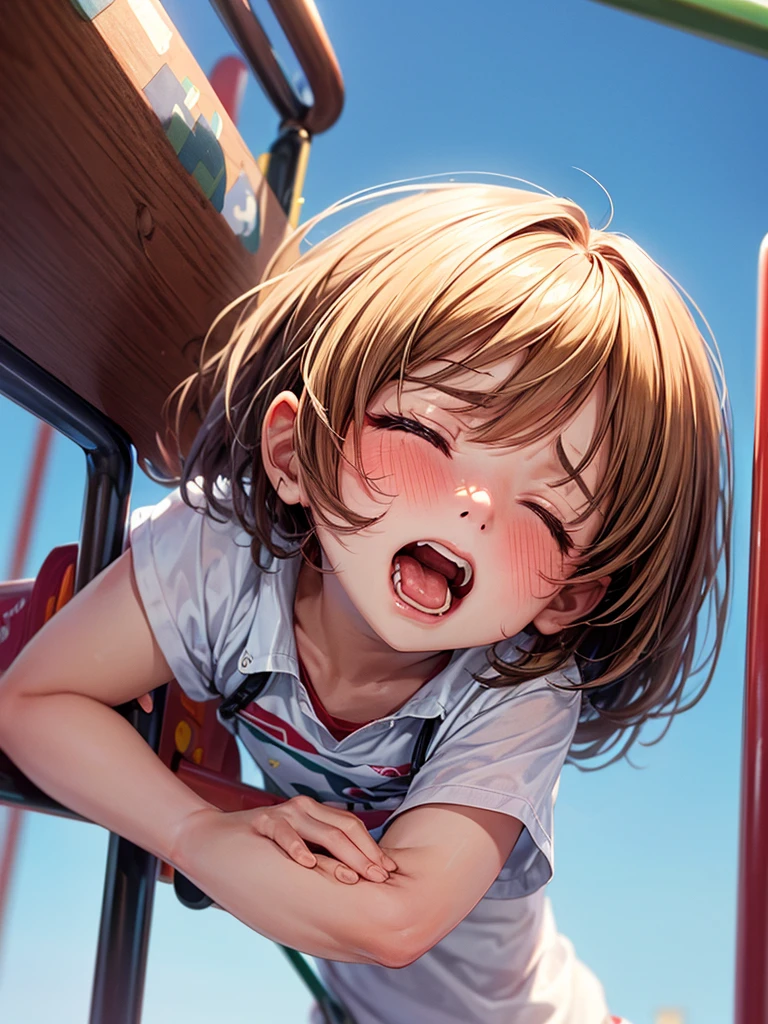 (masterpiece,best quality, ultra quality, ultra resolution,sharp focus, ultra detailed,Super fine illustration,gleaming skin), ,cute girl,cute anime face, blush,closed eyes,(scream,sexual_climax), (looking away,pee,peeing,from side:1.2),leaning forward,(cute_clothes),(horizontal bar, masturbation:1.5),cowboy shot,short hair,
,(in park play equipment:1.2),have too pee, peeing self