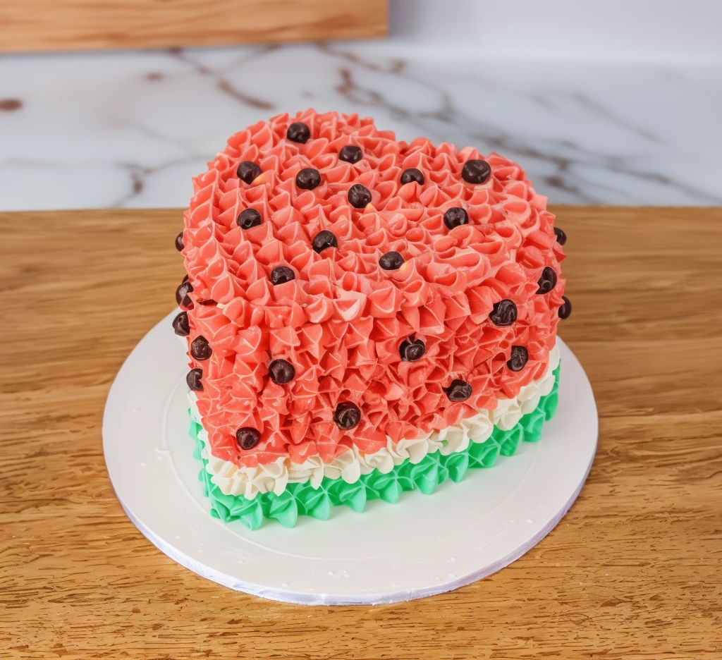 on a black background, a cream cake in the form of a heart, in shape of watermelon, the lower part of the cake is made of green cream whirls, reproduces the texture of a watermelon, a cream layer of fresh, juicy white m'yakotia. The top layer consists of red cream, on top of which watermelon seeds are poured, made of polymer clay, window light, bright lights, soft light, window light, professional lighting, light from the window, neat light, realistic texture, realistic style, detailed texture, high quality, high resolution, high quality rendering, realistic photo, brightning light, macro photo