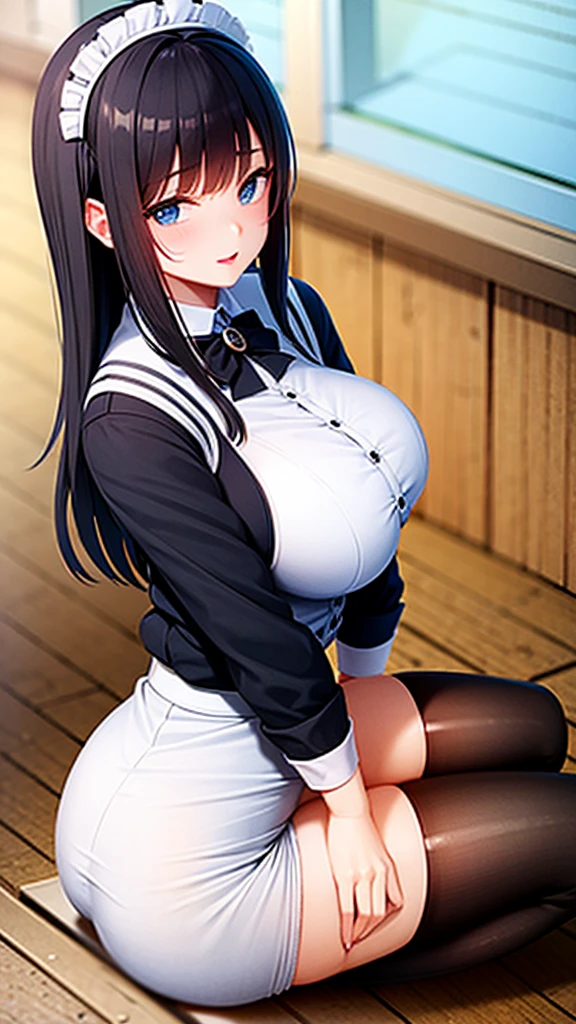 Black Hair Maid、Big Breasts、Panty shot、White Pants、sitting
