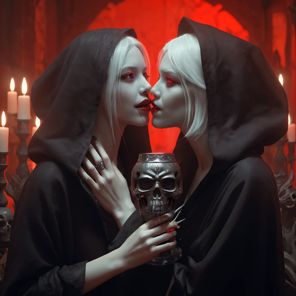 (very sharp result, full body desaturated photo) (((textile shading))), (((Best Quality))), (((masterpiece))), (((hyper realistic photo))) in starwars universe, wide lens full body, (2 sith girl hold & kiss each other), black cult hoodie outside, naked inside, they have big breast, white moist wet pale skin, vampire smile with fangs, pale face, bright red eyes (they a holding a skull goblet) they white hair, inside a dramatic red castle, source of light only from red lantern on the castle, horror feel mood gritty atmosphere,4K