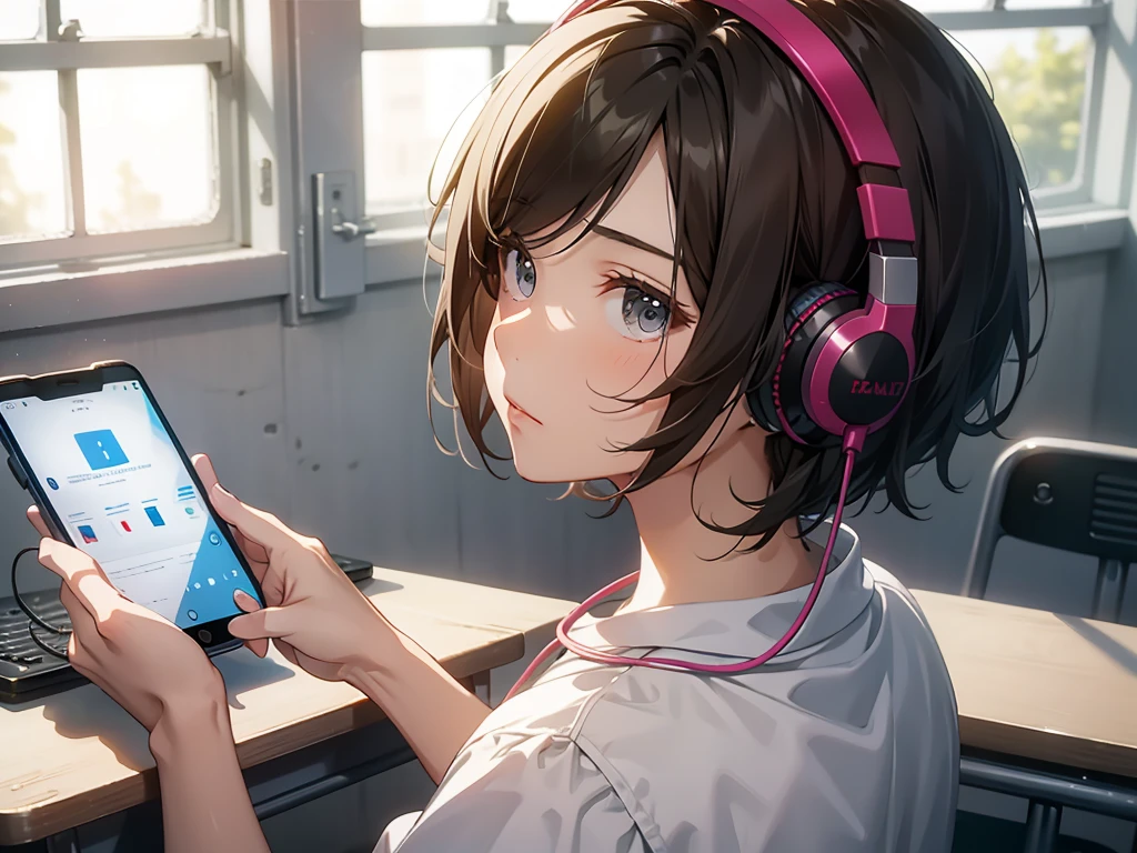 Masterpiece, best quality, 1 high school girl, short hair, wearing headphones, showing the screen of a smartphone, with a dignified expression, in a classroom.
