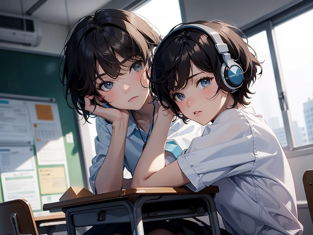 Masterpiece, best quality, 1 high school girl, short hair, wearing headphones, showing the screen of a smartphone, with a dignified expression, in a classroom.