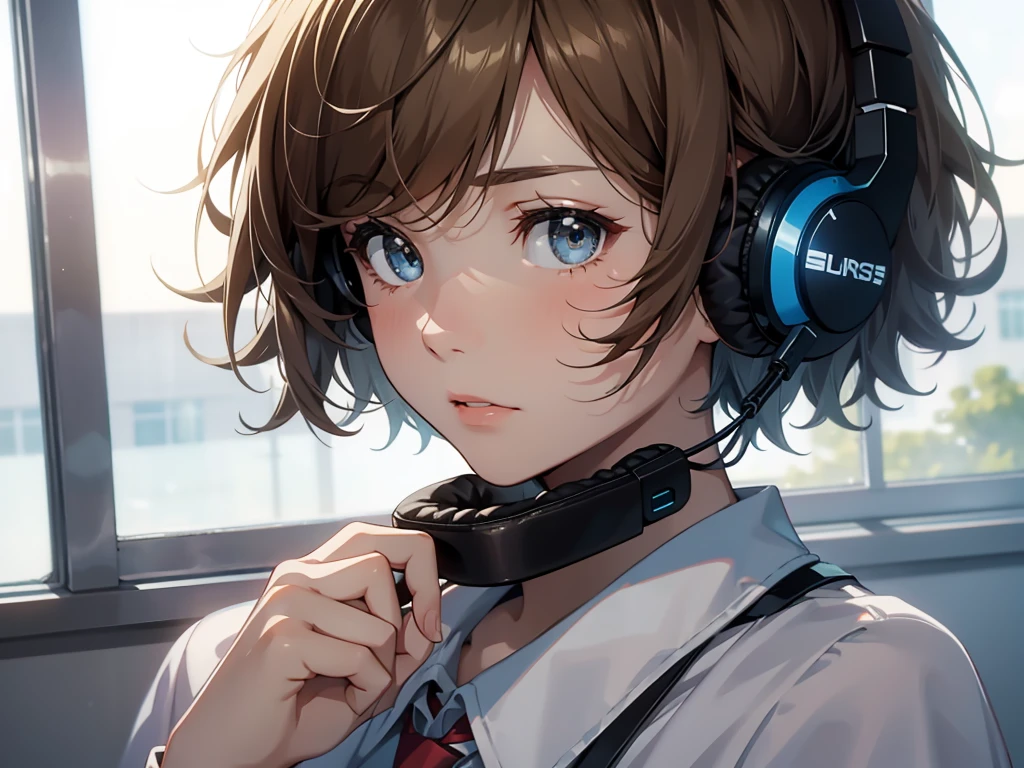 Masterpiece, best quality, 1 high school girl, short hair, wearing headphones, showing the screen of a smartphone, with a dignified expression, in a classroom.
