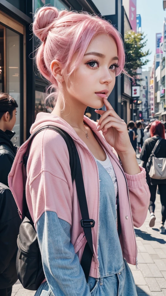 a girl with pink hair in a bun hairstyle, wearing a backpack and eating a crepe, standing on a harajuku street with harajuku street style background, (best quality,8k,highres,masterpiece:1.2),ultra-detailed,(realistic,photorealistic:1.37),portraits,vibrant colors,warm lighting,street fashion,harajuku aesthetic,detailed facial features,long eyelashes,beautiful skin,beautiful detailed eyes,beautiful detailed lips,extremely detailed face