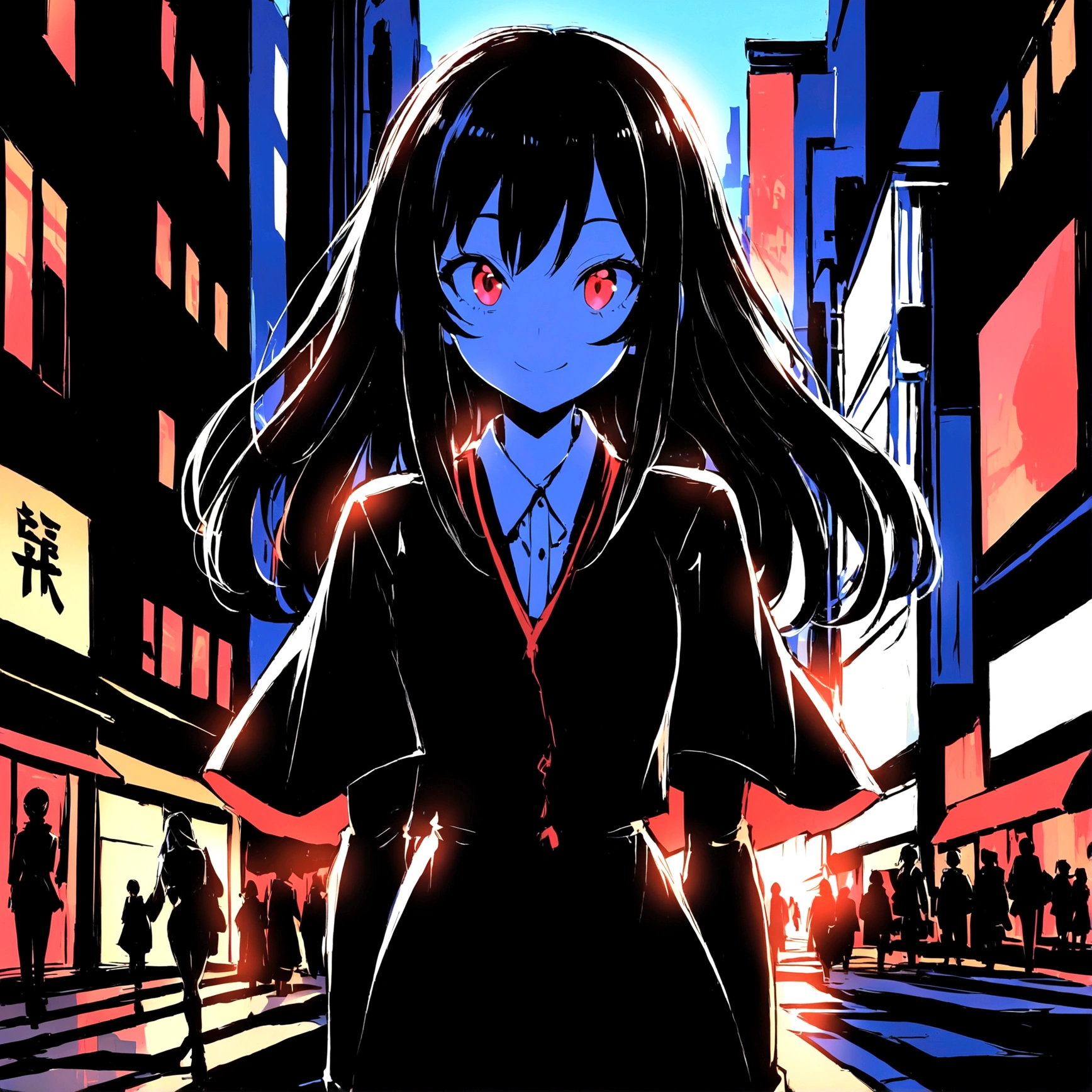 Girl anime style transformation, Exaggerated and distinctive facial features and clothing, standing on a busy city street, A backlit background to make your subject stand out, High contrast color, 4K High Resolution,young, smile, good looking