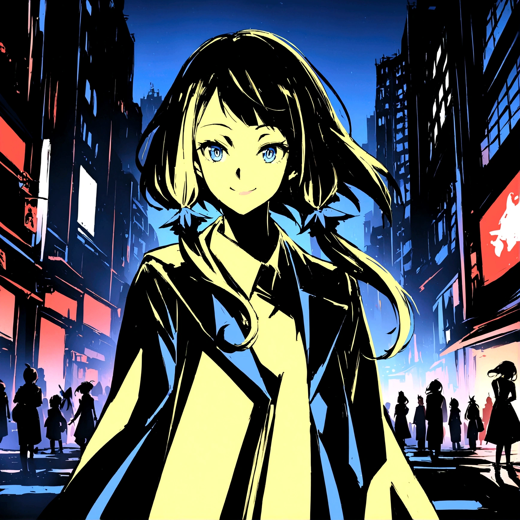 Girl anime style transformation, Exaggerated and distinctive facial features and clothing, standing on a busy city street, A backlit background to make your subject stand out, High contrast color, 4K High Resolution，young, smile, good looking