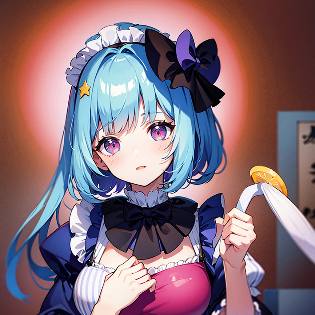 ((Highest quality)), ((masterpiece)), (detailed), Fine Lines, (Big eyes, Droopy eyes, Lower eyelid corners droop), (Light blue hair), ribbon, Frills, Pastel feel, Face close-up, One girl, Background pink, paw pose
