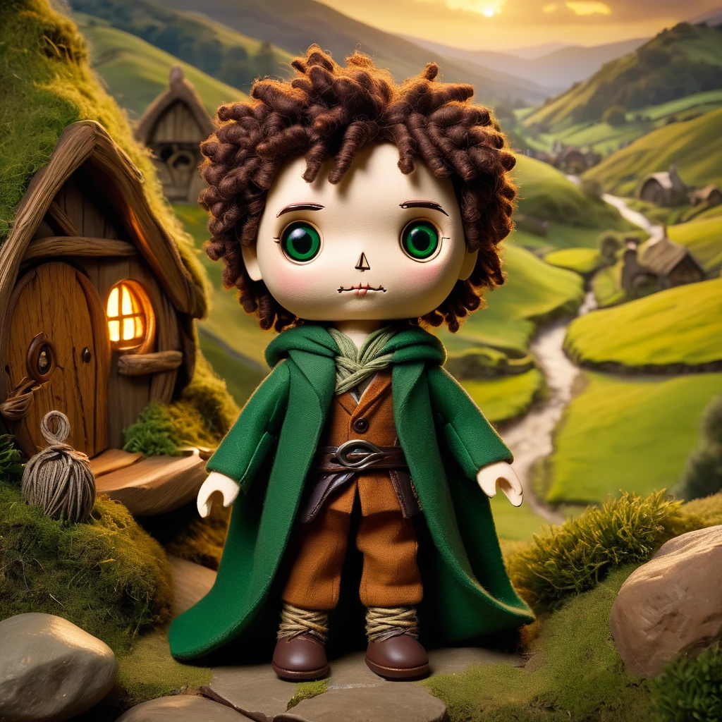 (knitted toy voodoo doll:1.7), (Voodoo Frodo Baggins:1.3), (Clothing: hobbit attire with a green cloak and brown trousers:1.0), (Accessories: enchanted One Ring emitting a golden glow, floating elvish runes:1.1), (background: picturesque Shire landscape with rolling hills, cozy hobbit holes, and a serene atmosphere:1.2), best quality, masterpiece, detailed soft oil painting, detailed background, dramatic cinematic lighting, soft edge lighting, professional, dramatic lighting, hard edge lighting, ultra quality, 4k,masterpiece, best quality, 8k, ultra highres, highres, extremely detailed