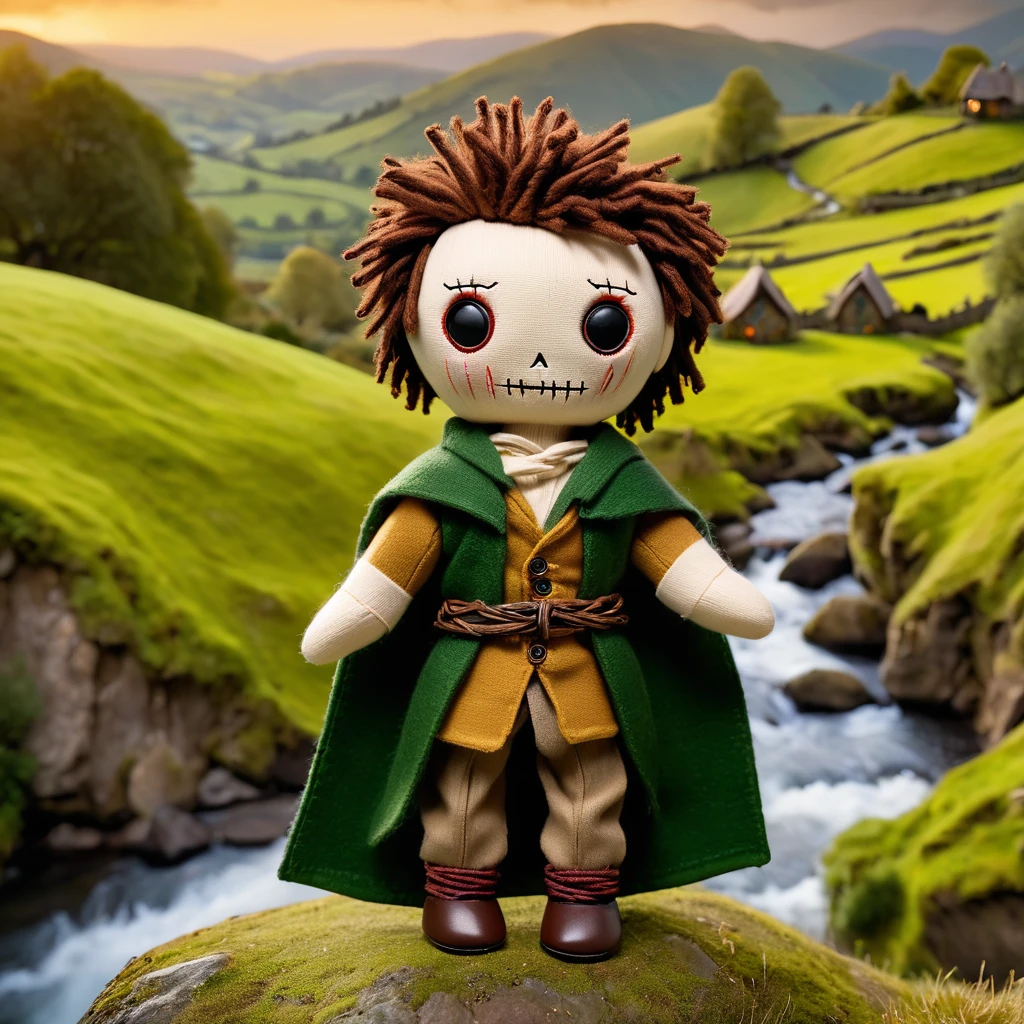 (knitted toy voodoo doll:1.7), (Voodoo Frodo Baggins:1.3), (Clothing: hobbit attire with a green cloak and brown trousers:1.0), (Accessories: enchanted One Ring emitting a golden glow, floating elvish runes:1.1), (background: picturesque Shire landscape with rolling hills, cozy hobbit holes, and a serene atmosphere:1.2), best quality, masterpiece, detailed soft oil painting, detailed background, dramatic cinematic lighting, soft edge lighting, professional, dramatic lighting, hard edge lighting, ultra quality, 4k,masterpiece, best quality, 8k, ultra highres, highres, extremely detailed