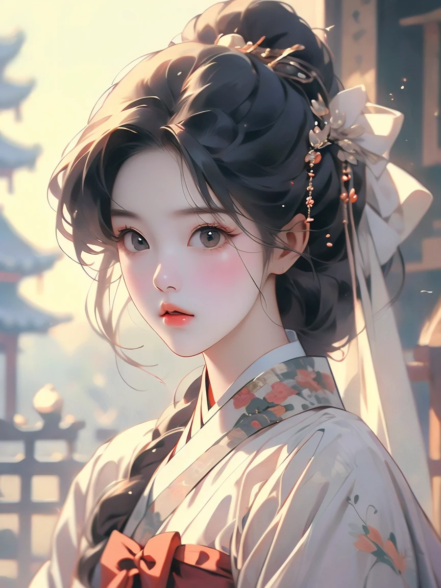 (masterpiece), (top quality), (beautiful and aesthetic), (1 woman), (1930s Korean woman), resembles Korean idol, highly detailed, A little exposure, traditional hanbok, upper body, portrait.