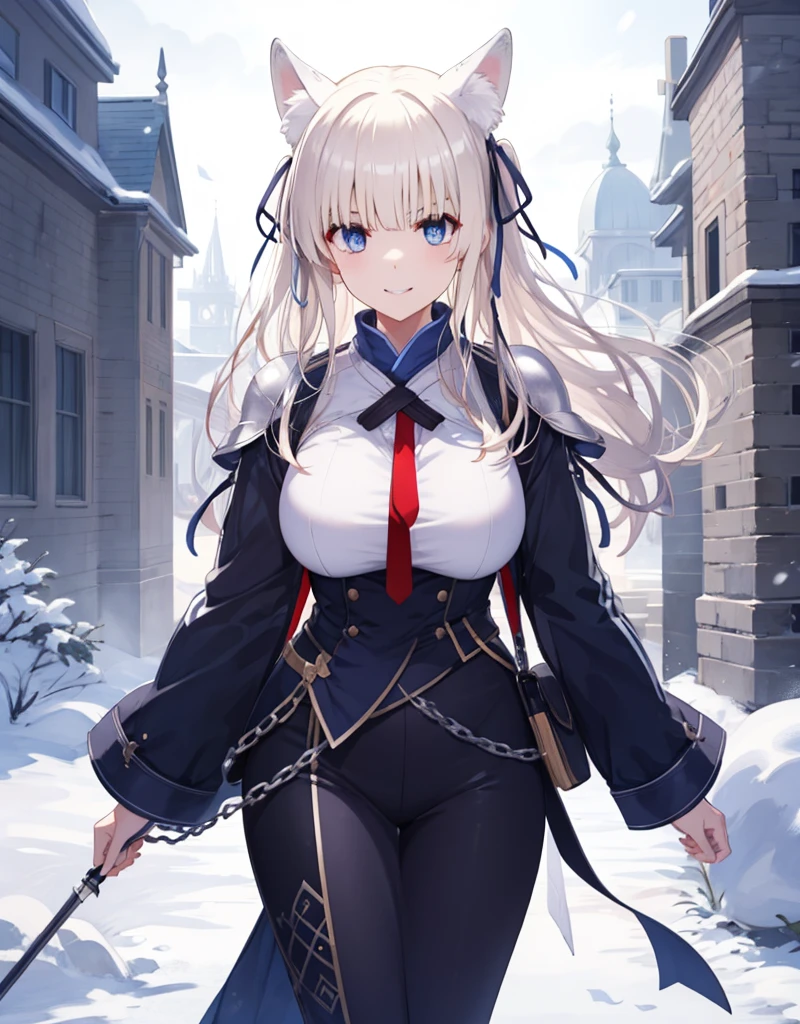 [[[ ultra-detailed, best quality, soft skin, beautiful, 4K]]] white hair, blue eyes, tied-up hair, slender body, dynamic angle, chainmail, white armor, white fox ears, calm expression, female, snowy palace gardens background, serious expression. walking angle, ((little horny smile)) to masch them über hugest big huge massive largest bigger is better and bigger biggest breasts 