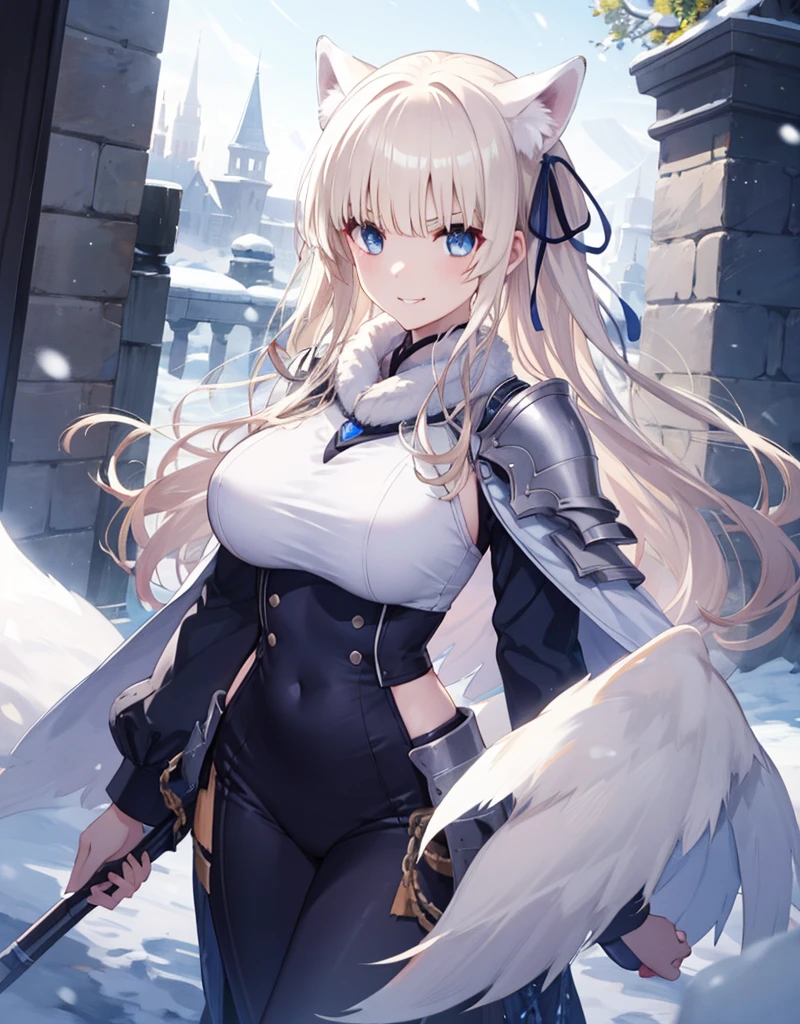 [[[ ultra-detailed, best quality, soft skin, beautiful, 4K]]] white hair, blue eyes, tied-up hair, slender body, dynamic angle, chainmail, white armor, white fox ears, calm expression, female, snowy palace gardens background, serious expression. walking angle, ((little horny smile)) to masch them über hugest big huge massive largest bigger is better and bigger biggest breasts 