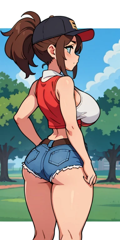 The beautiful, (tmasterpiece:1.2), (Best quality at best:1.2), perfect  eyes, s the perfect face, perfect litthing, 1个Giant enormous massive gigantic Breast Girl, Sam, standing back, metathorax, baseball cap, black in color, , Brown hair, Crop top, cutoff point, Denim, denim mini short, facing away, from back, has cleavage, high legs, high legs, long whitr hair, median furrow, , Micro mini shorts, , pony tails, mini shorter pants, shorter pants, enormous Side breasts,  Background with, Alone, vests, upper legs, Tong, underbust, underdressing, venue, grassy, walkway, humongous large breast, Wide hips, Place your arms at your sides