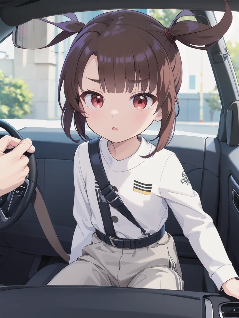 In the car,Convertible,Sitting,((Behind the wheel of a car)),Looking Ahead,driving,1 Girl, 独奏, Red eyes,sunglasses,, Twin tails, brown hair,crawling,((顔 focus)),upper body,White long sleeve shirt,Grey slacks, bangs, eyebrows visible through hair, Flat Chest, 