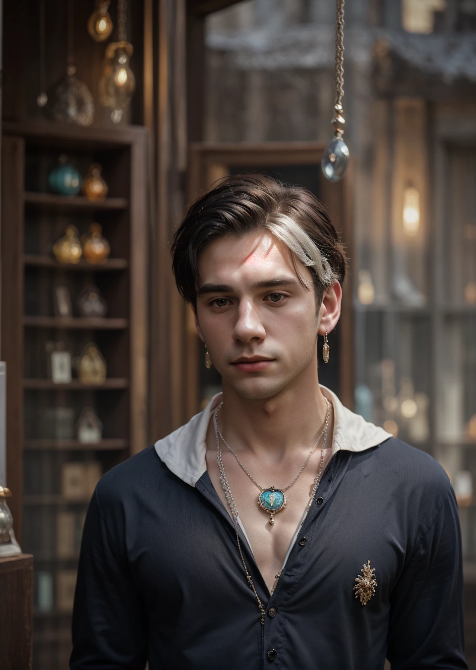 Full body shot, ((8k portrait of young man, white skin, masterpiece)), medium bust, fantasy, elegant, mystic, potion shop, outdoor, medieval, ornaments, long pendant necklace, cinematic, detailed accessories, strong collarbone, cold lighting, (professional lighting)