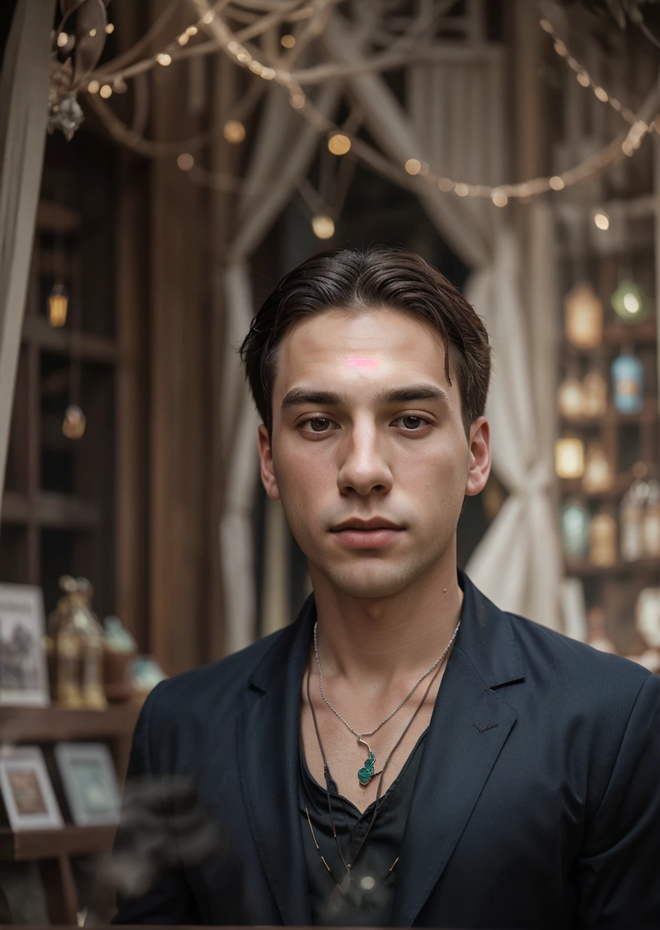 Full body shot, ((8k portrait of young man, white skin, masterpiece)), medium bust, fantasy, elegant, mystic, potion shop, outdoor, medieval, ornaments, long pendant necklace, cinematic, detailed accessories, strong collarbone, cold lighting, (professional lighting)