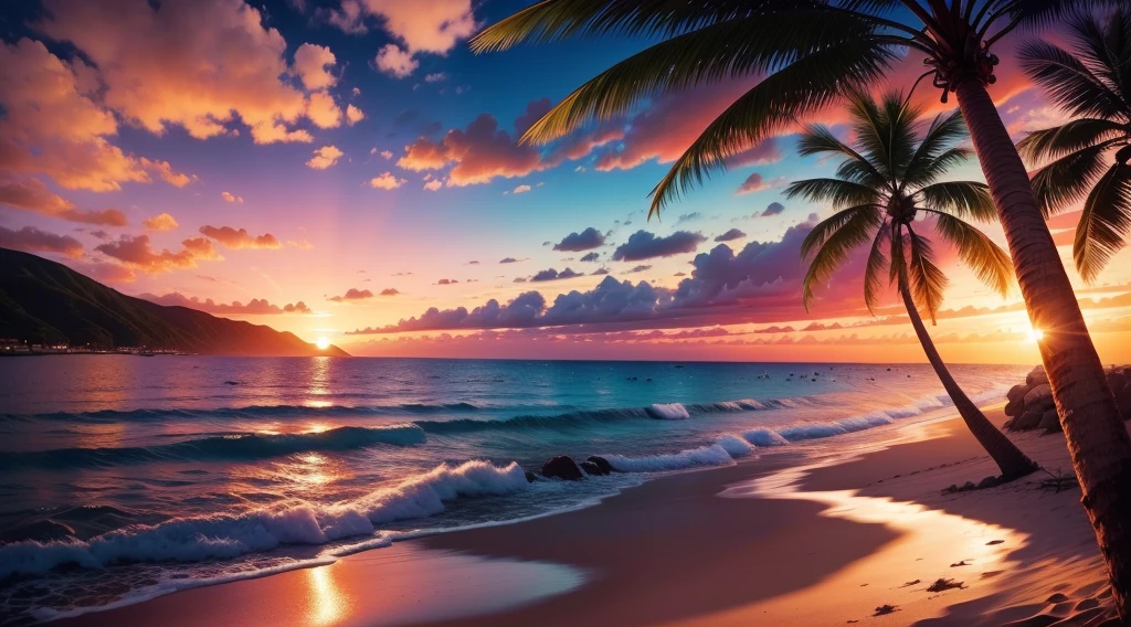 Arara view of a beach with palm trees and a sunset, tropical beach paradise, beach sunset background, tropical paradise, colorful sunset, which shows a beach at sunset, beautiful sunset, sunset at the beach, reflexos cor-de-rosa, breathtaking colors, pink sunset, praia tropical, sunset at the beach, stunning sunset, beautiful sunset glow, pastel sunset, fundo bonito