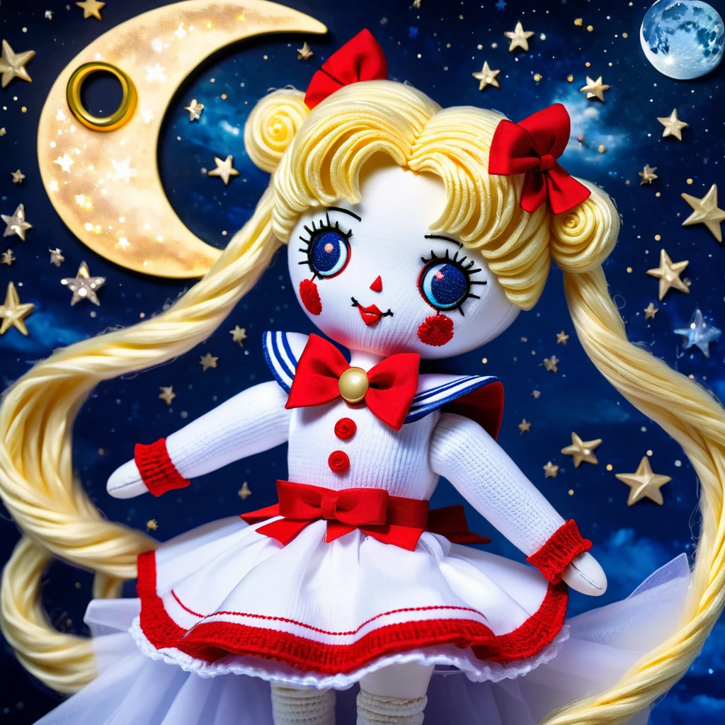 (knitted toy voodoo doll:1.7), (Voodoo Sailor Moon:1.3), (Clothing: sailor suit with a red bow, blue skirt, and white gloves:1.0), (Accessories: enchanted moon tiara emitting a celestial glow, floating crescent moons:1.1), (background: starry night sky with a full moon, sparkling stars, and a magical atmosphere:1.2), best quality, masterpiece, detailed soft oil painting, detailed background, dramatic cinematic lighting, soft edge lighting, professional, dramatic lighting, hard edge lighting, ultra quality, 4k,masterpiece, best quality, 8k, ultra highres, highres, extremely detailed