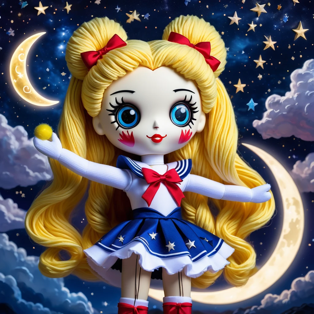 (knitted toy voodoo doll:1.7), (Voodoo Sailor Moon:1.3), (Clothing: sailor suit with a red bow, blue skirt, and white gloves:1.0), (Accessories: enchanted moon tiara emitting a celestial glow, floating crescent moons:1.1), (background: starry night sky with a full moon, sparkling stars, and a magical atmosphere:1.2), best quality, masterpiece, detailed soft oil painting, detailed background, dramatic cinematic lighting, soft edge lighting, professional, dramatic lighting, hard edge lighting, ultra quality, 4k,masterpiece, best quality, 8k, ultra highres, highres, extremely detailed