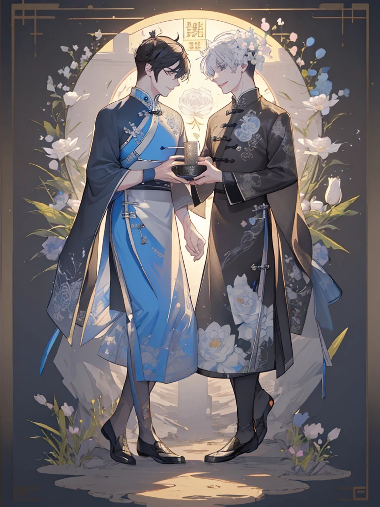 (8K, hight resolution, ultra-detailliert), Gay Couple, 1 man and 1 man, Mature, Hair color is different, (cuddling), full bodyesbian, a blonde and a black hair, (Two men smiling face to face)、Gray-haired man with beautiful fox ears、Strong man with black hair with wolf ears、ink and watercolor painting、Traditional Chinese Ink Painting、lotuses、Hanfu、Maxi Kit、Dress conservatively、Animal ears, Knights、bule、florals、Lots of flowers nearby、shenron、extra detailed face