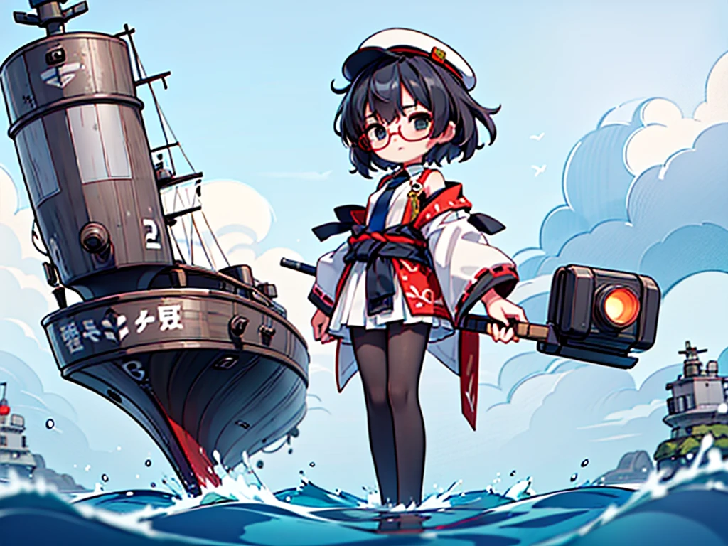 (((masterpiece, Vision))), ((((Full body of a woman with perfect flat chest、solo、Short unkempt black hair、Tie your messy hair at the nape of your neck、white military jacket、Miko costume、black tights、Black glasses、White military cap、Cloudy black eyes、Confused eyes、Junyo-inspired emblem)))), (((Shipgirl))), ((Floating on the morning sea with both feet)), (Standing with your legs apart), (Hold the turret grip with your right hand), (Mechanical arms extending from the waist are used to equip the ship with battleship equipment.), (Equipped with a turret on the back), (Left arm holds the triple turret grip), Shotgun shell in left arm, Spreading the Machine's Wings, 2. Machine Tail, A mechanical prosthetic arm holds the turret, Kaleidoscope Sharingan,