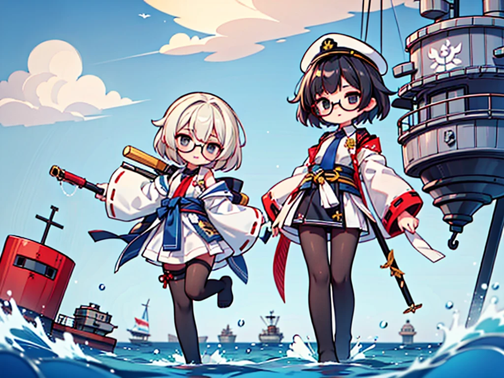 (((masterpiece, Vision))), ((((Full body of a woman with perfect flat chest、solo、Short unkempt black hair、Tie your messy hair at the nape of your neck、white military jacket、Miko costume、black tights、Black glasses、White military cap、Cloudy black eyes、Confused eyes、Junyo-inspired emblem)))), (((Shipgirl))), ((Floating on the morning sea with both feet)), (Standing with your legs apart), (Hold the turret grip with your right hand), (Mechanical arms extending from the waist are used to equip the ship with battleship equipment.), (Equipped with a turret on the back), (Left arm holds the triple turret grip), Shotgun shell in left arm, Spreading the Machine's Wings, 2. Machine Tail, A mechanical prosthetic arm holds the turret, Kaleidoscope Sharingan,